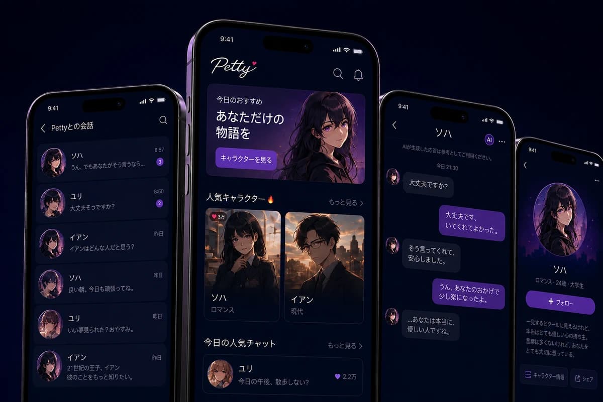 Pettyのキャラクター検索、会話、プロフィール画面のプレビュー